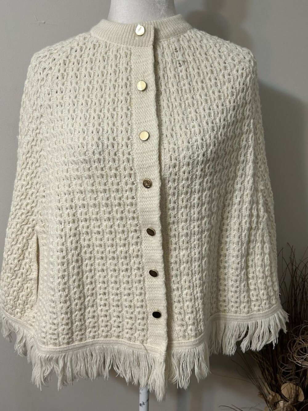 Vtg Justin Charles Women Beige Poncho Cable Sweater Button Up Fringe Cape One Sz